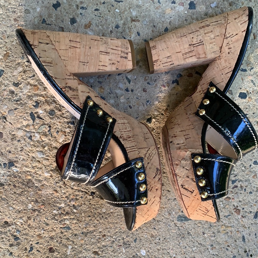 Prada Black Patent Leather Platform Sandals with Brown Buckle - Picture 5 of 6